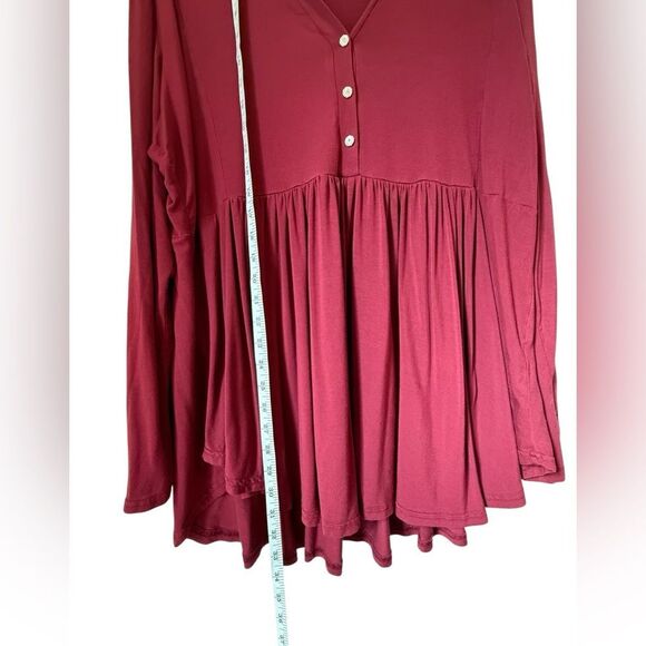 Women's Plus Size V Neck Button Tunic Tops Long Sleeve Flowy Shirt Wine Red 2X - Picture 7 of 10